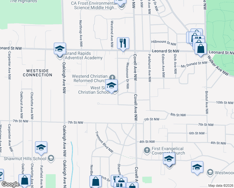 map of restaurants, bars, coffee shops, grocery stores, and more near 955 Westend Avenue Northwest in Grand Rapids