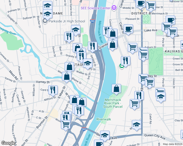 map of restaurants, bars, coffee shops, grocery stores, and more near 82 3rd Street in Manchester
