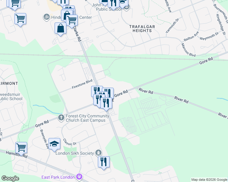 map of restaurants, bars, coffee shops, grocery stores, and more near 1783 Gore Road in London