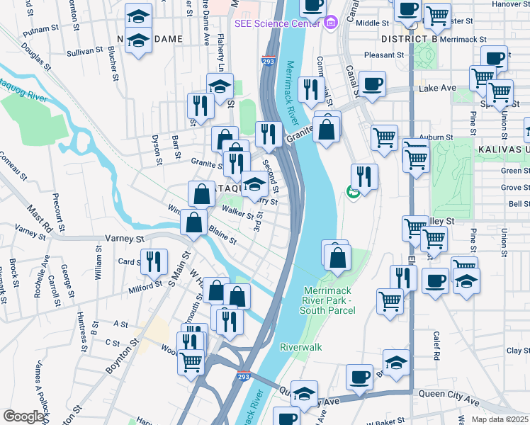 map of restaurants, bars, coffee shops, grocery stores, and more near 82 3rd Street in Manchester