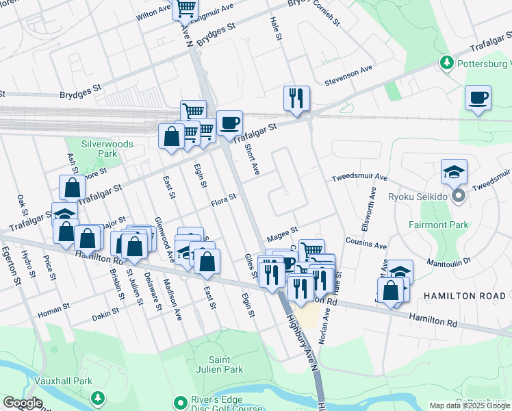 map of restaurants, bars, coffee shops, grocery stores, and more near 216 Highbury Avenue North in London