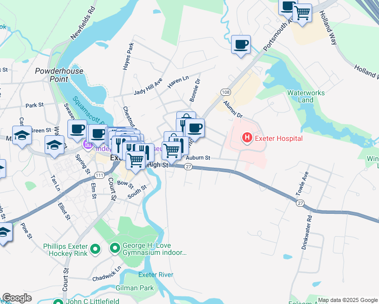 map of restaurants, bars, coffee shops, grocery stores, and more near 50 High Street in Exeter