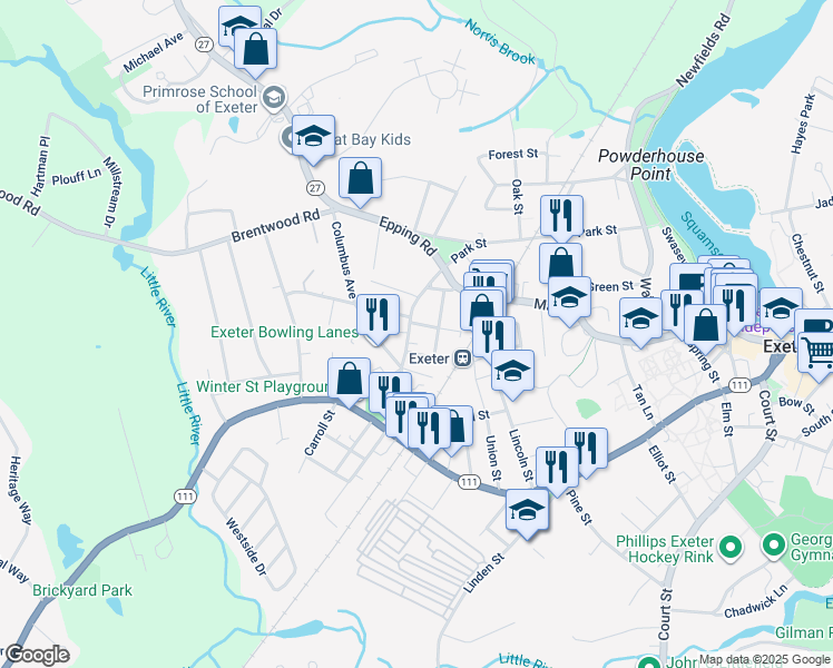 map of restaurants, bars, coffee shops, grocery stores, and more near 58 Winter Street in Exeter