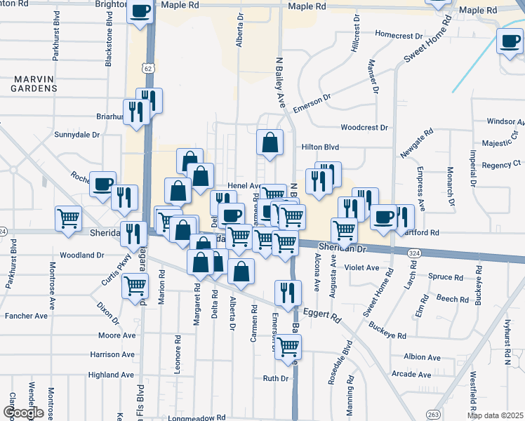 map of restaurants, bars, coffee shops, grocery stores, and more near 3180 Sheridan Drive in Amherst