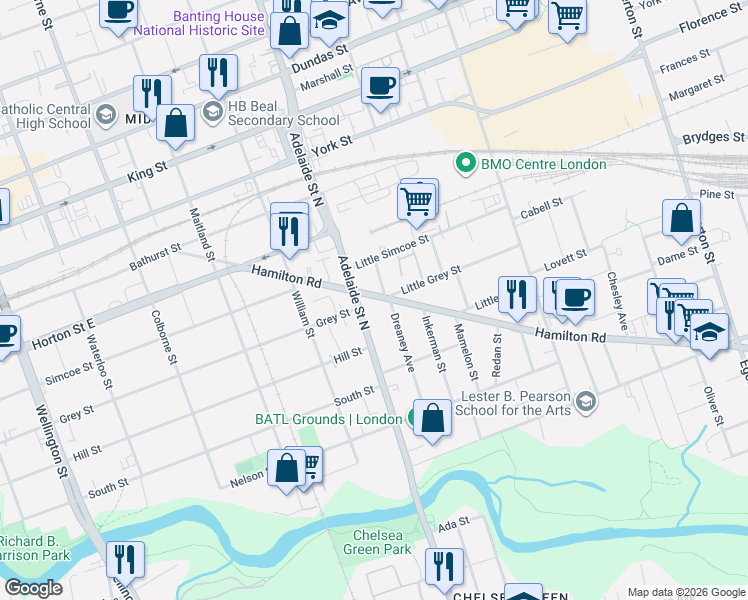 map of restaurants, bars, coffee shops, grocery stores, and more near in London