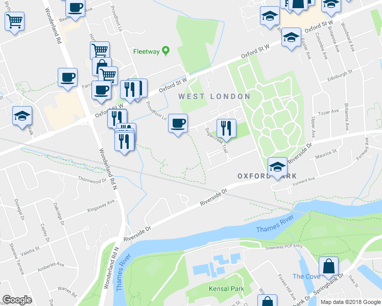 map of restaurants, bars, coffee shops, grocery stores, and more near 585 Proudfoot Lane in London