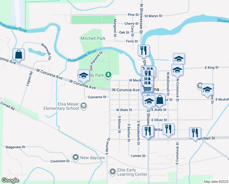 map of restaurants, bars, coffee shops, grocery stores, and more near 418 West McArthur Street in Corunna