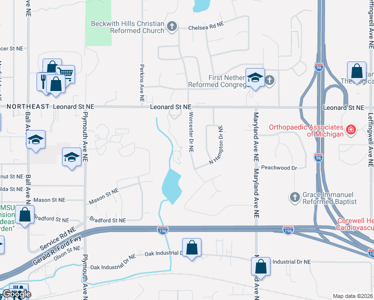 map of restaurants, bars, coffee shops, grocery stores, and more near 1013 Worcester Drive Northeast in Grand Rapids