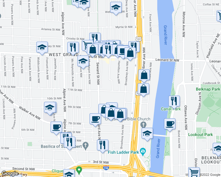 map of restaurants, bars, coffee shops, grocery stores, and more near 541 11th Street Northwest in Grand Rapids