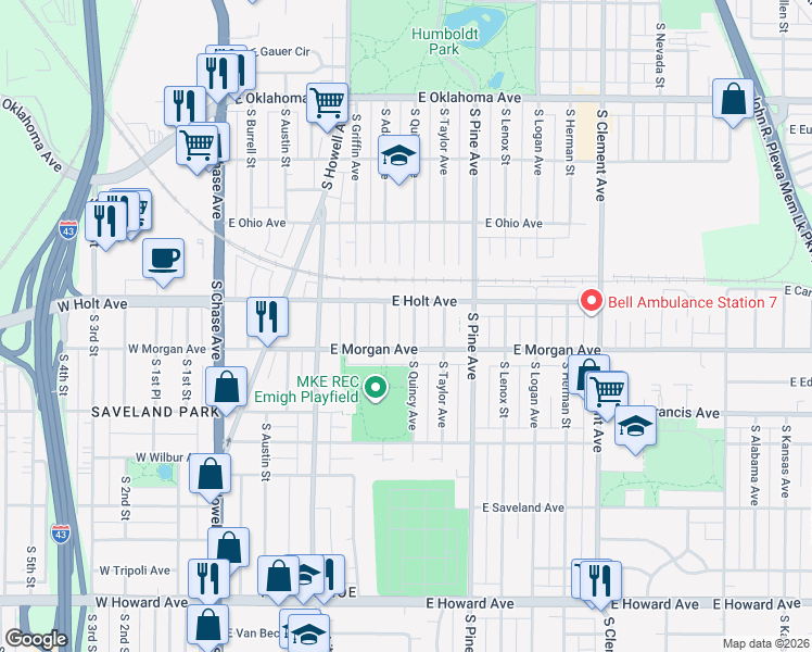 map of restaurants, bars, coffee shops, grocery stores, and more near 3454 South Quincy Avenue in Milwaukee