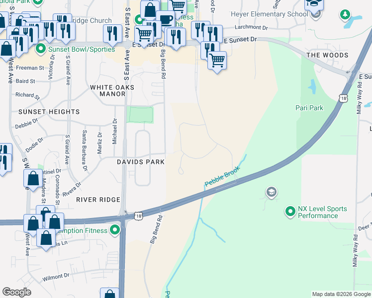 map of restaurants, bars, coffee shops, grocery stores, and more near 1800 Big Bend Road in Waukesha
