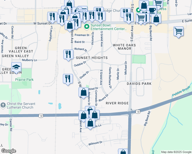 map of restaurants, bars, coffee shops, grocery stores, and more near 1918 South Grand Avenue in Waukesha