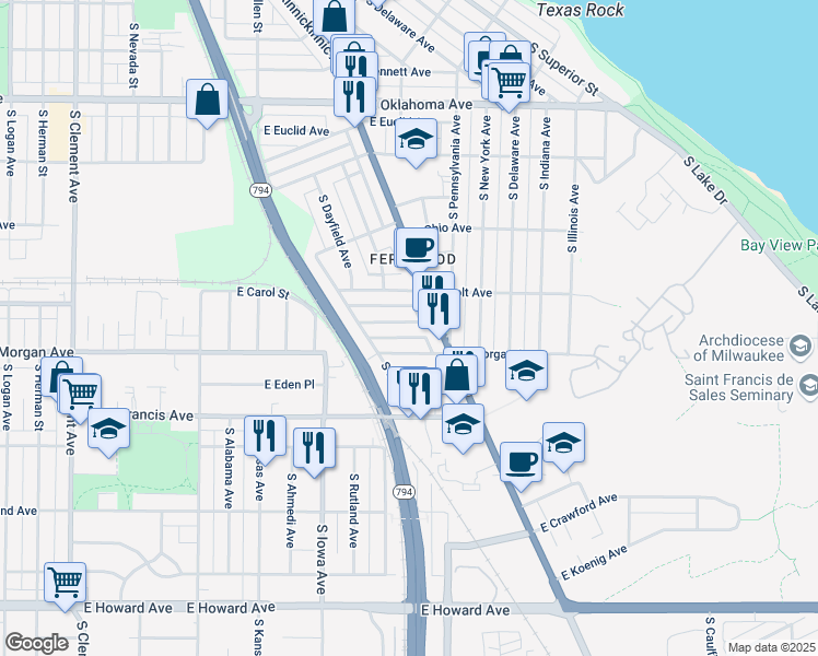 map of restaurants, bars, coffee shops, grocery stores, and more near 2313A East Morgan Avenue in Milwaukee