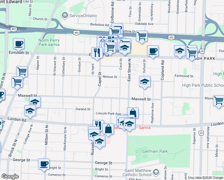 map of restaurants, bars, coffee shops, grocery stores, and more near 123 Pearl Street in Sarnia