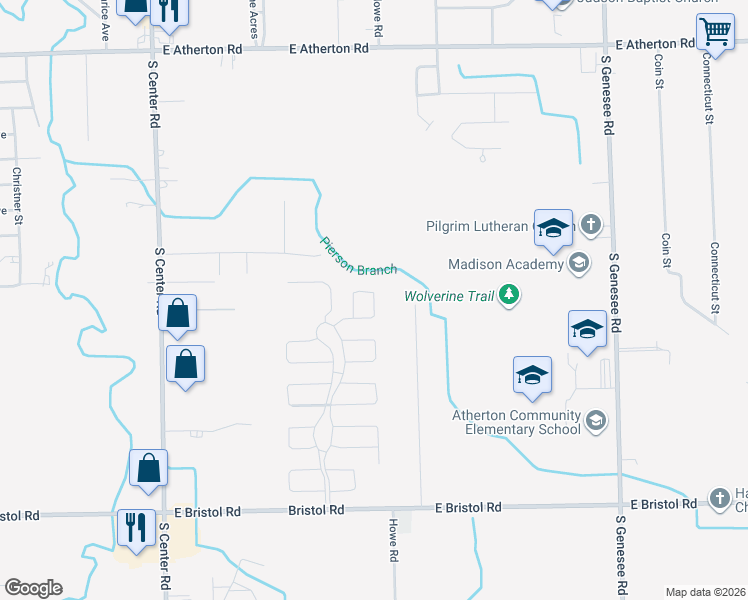 map of restaurants, bars, coffee shops, grocery stores, and more near 3319 Sunnybrook Circle in Burton