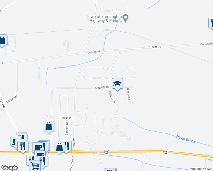 map of restaurants, bars, coffee shops, grocery stores, and more near 5918 King Hill Drive in Farmington