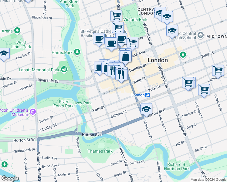 map of restaurants, bars, coffee shops, grocery stores, and more near 105 King Street in London