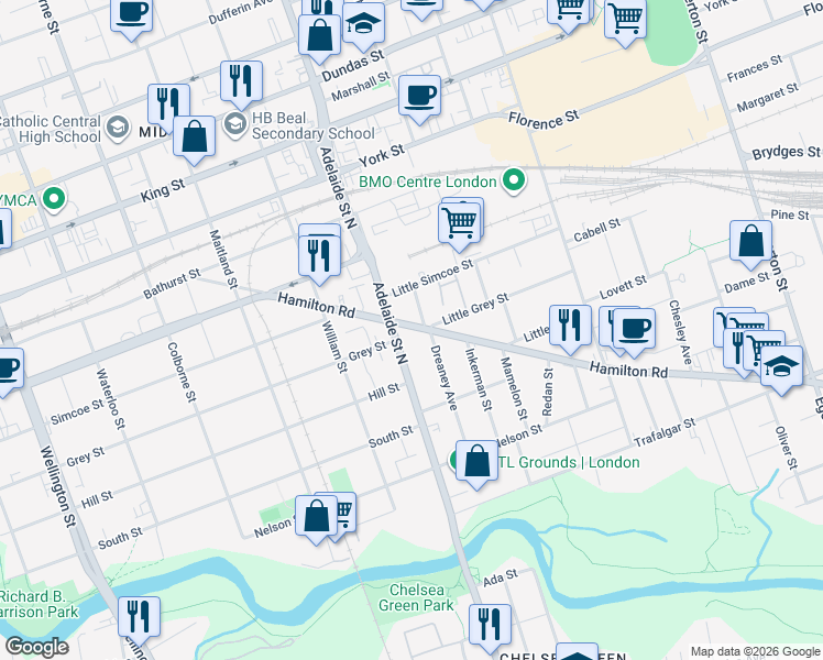 map of restaurants, bars, coffee shops, grocery stores, and more near 221 Hamilton Road in London