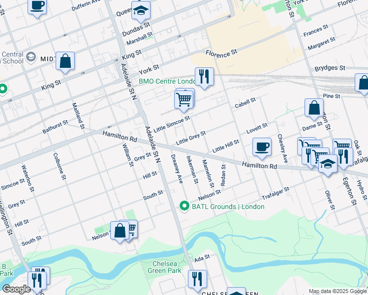 map of restaurants, bars, coffee shops, grocery stores, and more near 258 Hamilton Road in London