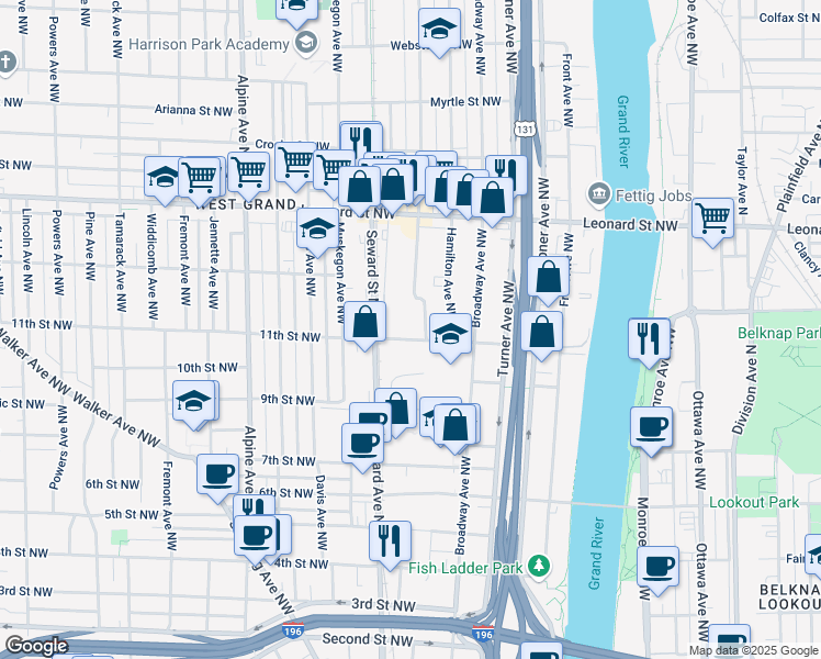 map of restaurants, bars, coffee shops, grocery stores, and more near 541 11th Street Northwest in Grand Rapids