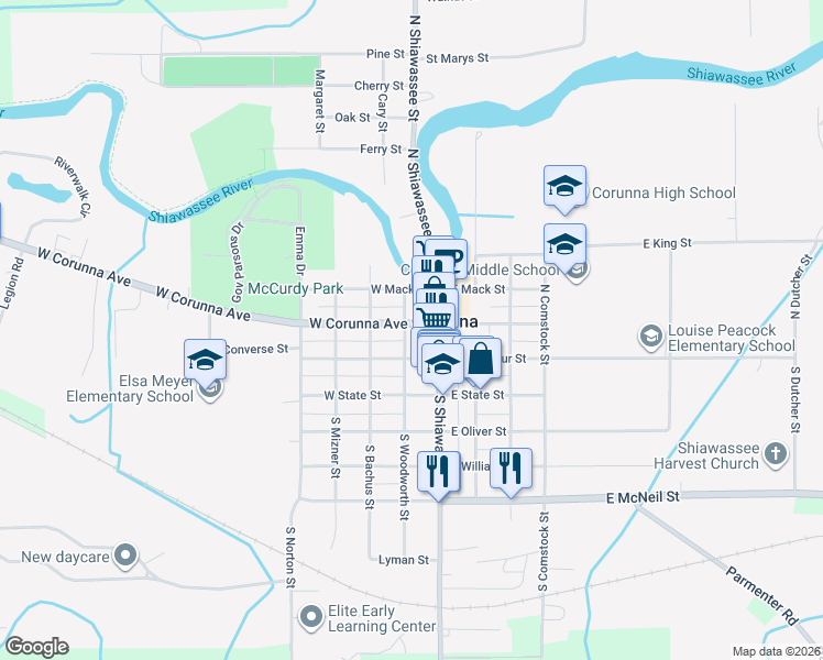 map of restaurants, bars, coffee shops, grocery stores, and more near 115 West McArthur Street in Corunna
