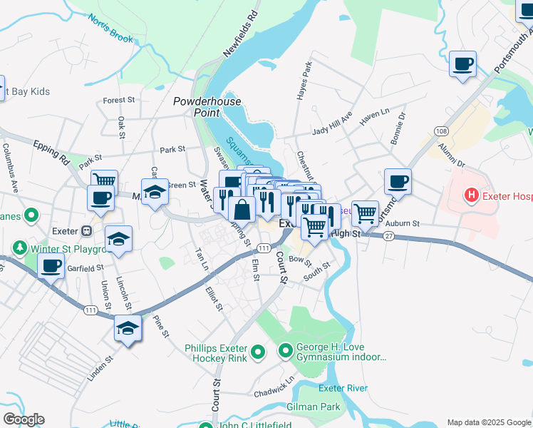 map of restaurants, bars, coffee shops, grocery stores, and more near 193 Water Street in Exeter