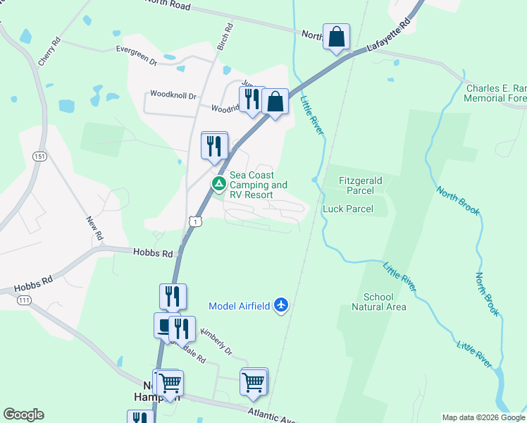 map of restaurants, bars, coffee shops, grocery stores, and more near 26 Sandpiper Path in North Hampton