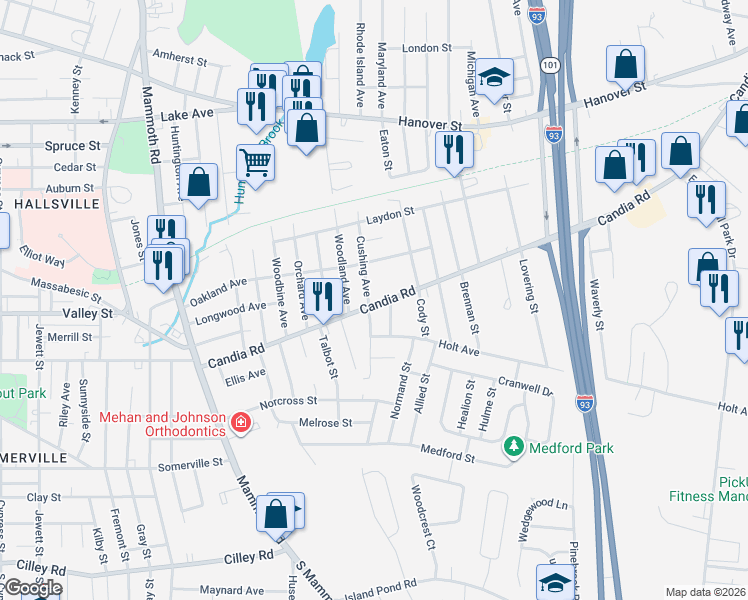 map of restaurants, bars, coffee shops, grocery stores, and more near 169 Cushing Avenue in Manchester