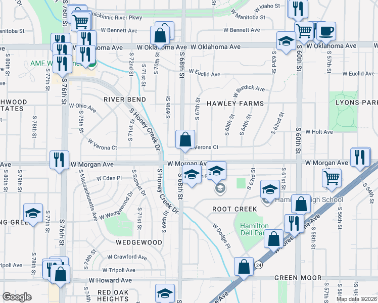 map of restaurants, bars, coffee shops, grocery stores, and more near 3422 South 68th Street in Milwaukee