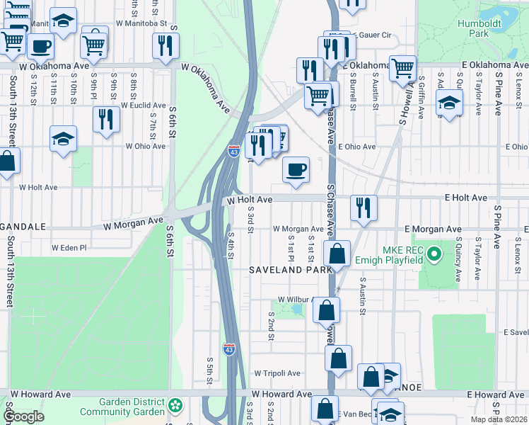 map of restaurants, bars, coffee shops, grocery stores, and more near 227 ADJ West Holt Avenue in Milwaukee