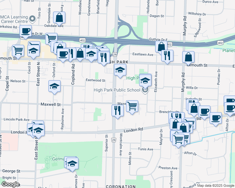 map of restaurants, bars, coffee shops, grocery stores, and more near 700 Indian Road North in Sarnia