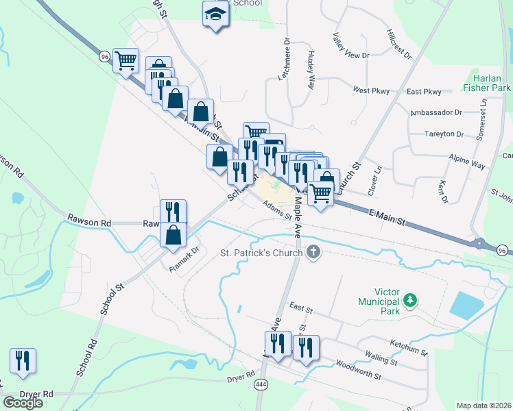 map of restaurants, bars, coffee shops, grocery stores, and more near 53 West Main Street in Victor