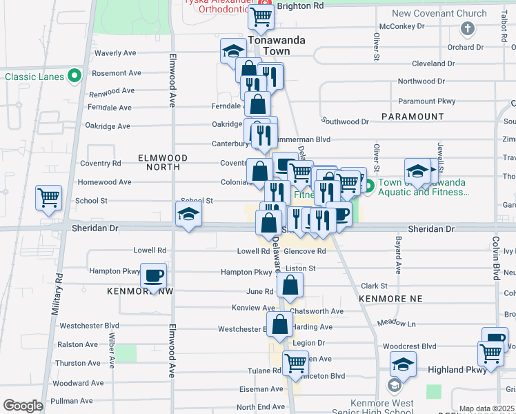 map of restaurants, bars, coffee shops, grocery stores, and more near 3600C Delaware Avenue in Buffalo
