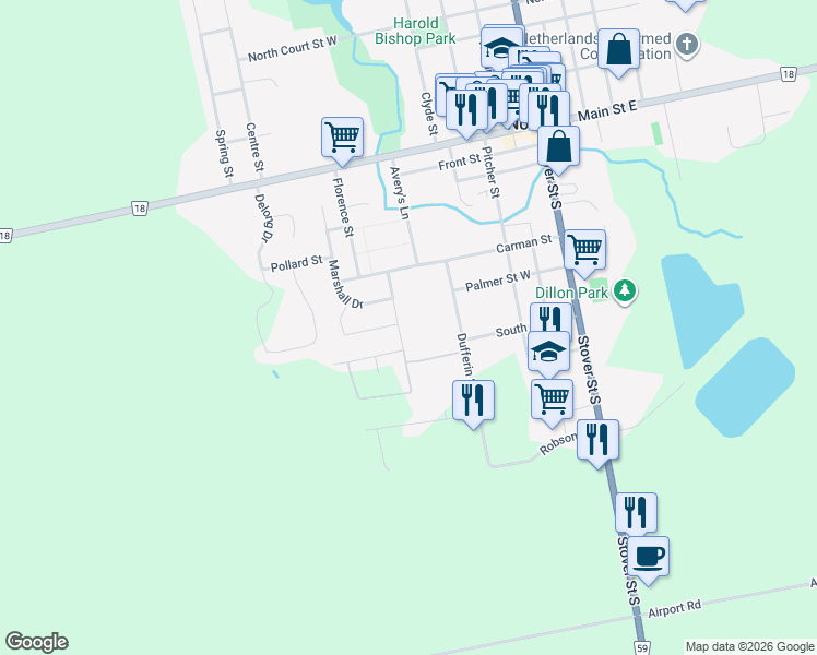 map of restaurants, bars, coffee shops, grocery stores, and more near 10 Dufferin Street in Norwich