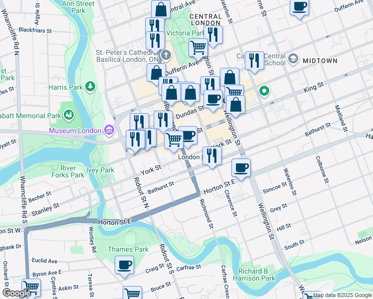 map of restaurants, bars, coffee shops, grocery stores, and more near in London
