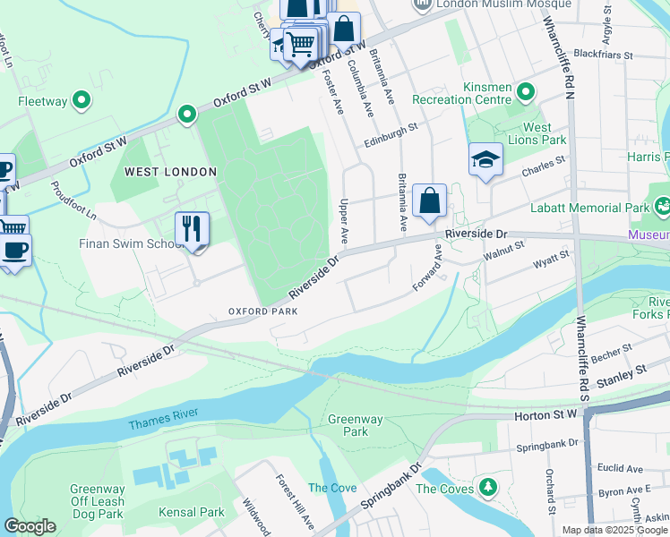 map of restaurants, bars, coffee shops, grocery stores, and more near 299 Riverside Drive in London