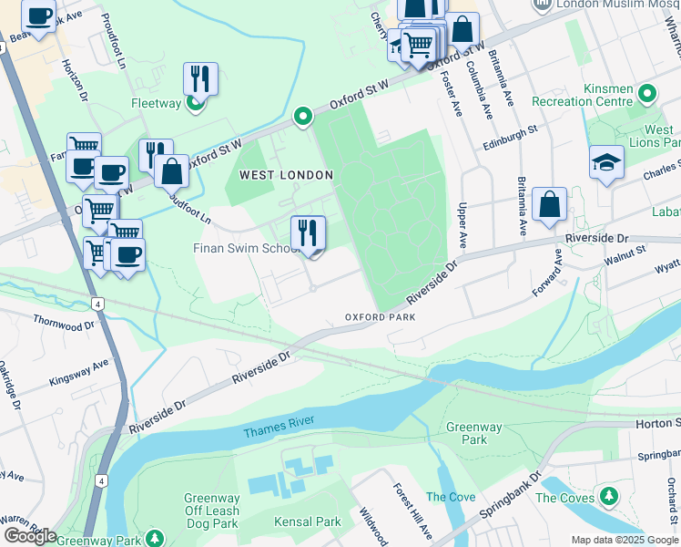 map of restaurants, bars, coffee shops, grocery stores, and more near 604 Beaverbrook Avenue in London
