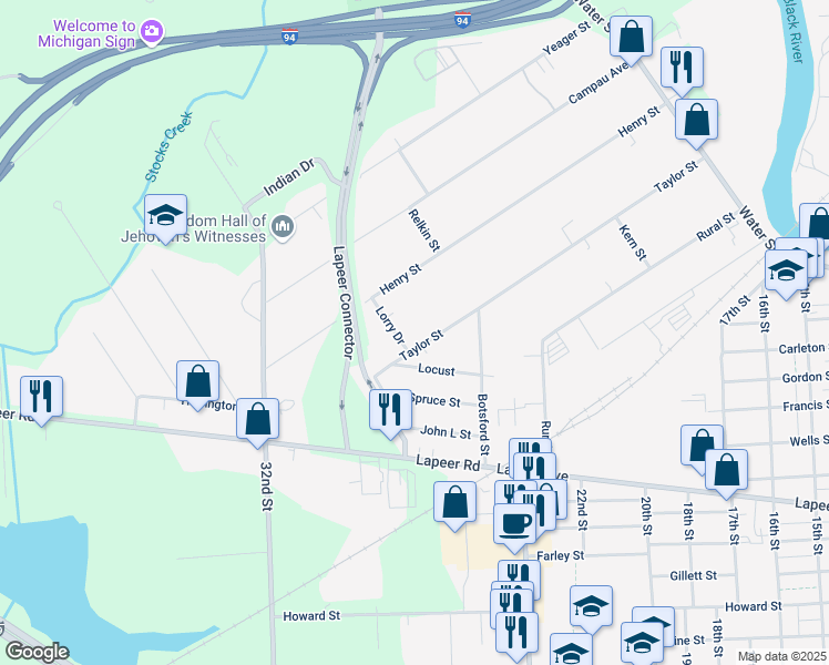 map of restaurants, bars, coffee shops, grocery stores, and more near 613 Taylor Street in Port Huron