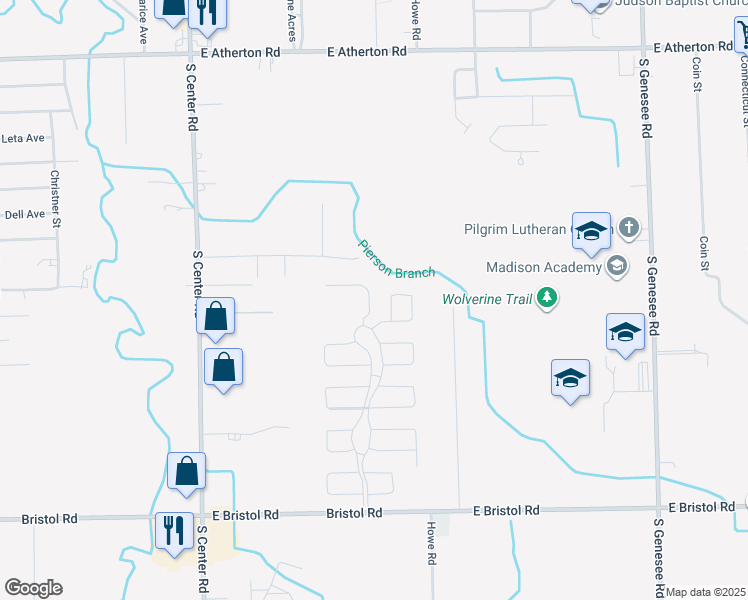 map of restaurants, bars, coffee shops, grocery stores, and more near 3295 Creekside Boulevard in Burton
