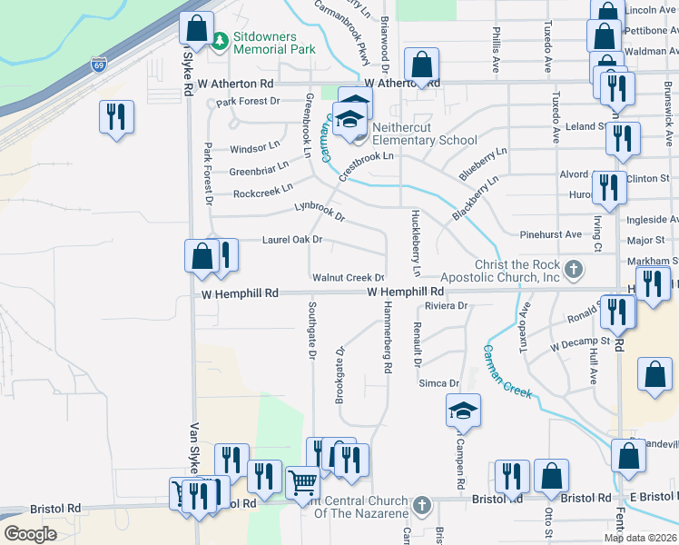 map of restaurants, bars, coffee shops, grocery stores, and more near 1725 Laurel Oak Drive in Flint
