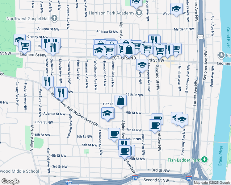 map of restaurants, bars, coffee shops, grocery stores, and more near 1028 Jennette Avenue Northwest in Grand Rapids