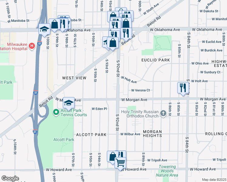 map of restaurants, bars, coffee shops, grocery stores, and more near 3411 South 92nd Street in Milwaukee