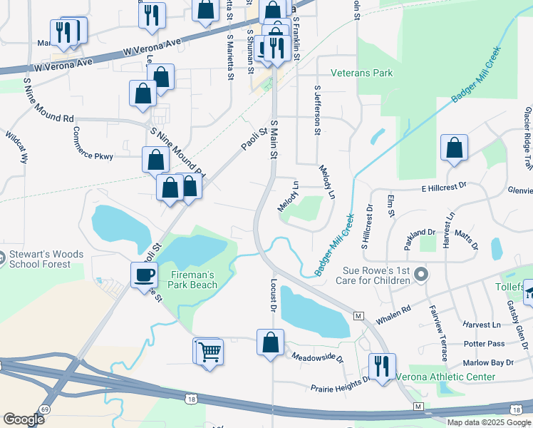 map of restaurants, bars, coffee shops, grocery stores, and more near 441 South Main Street in Verona