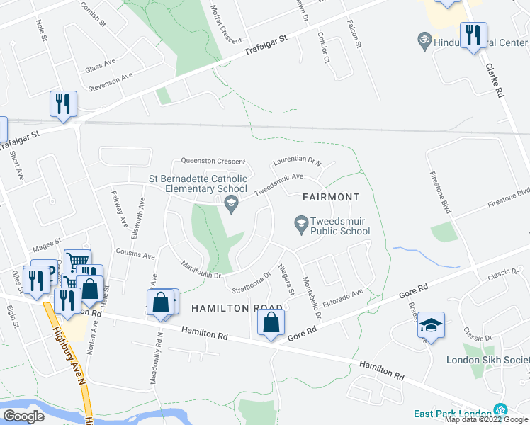 map of restaurants, bars, coffee shops, grocery stores, and more near 85 Algonquin Crescent in London