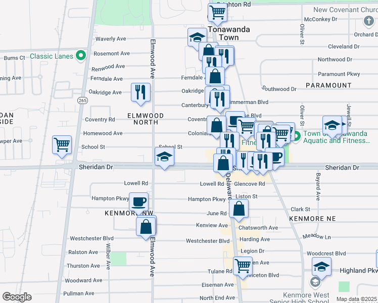 map of restaurants, bars, coffee shops, grocery stores, and more near 89 School Street in Buffalo