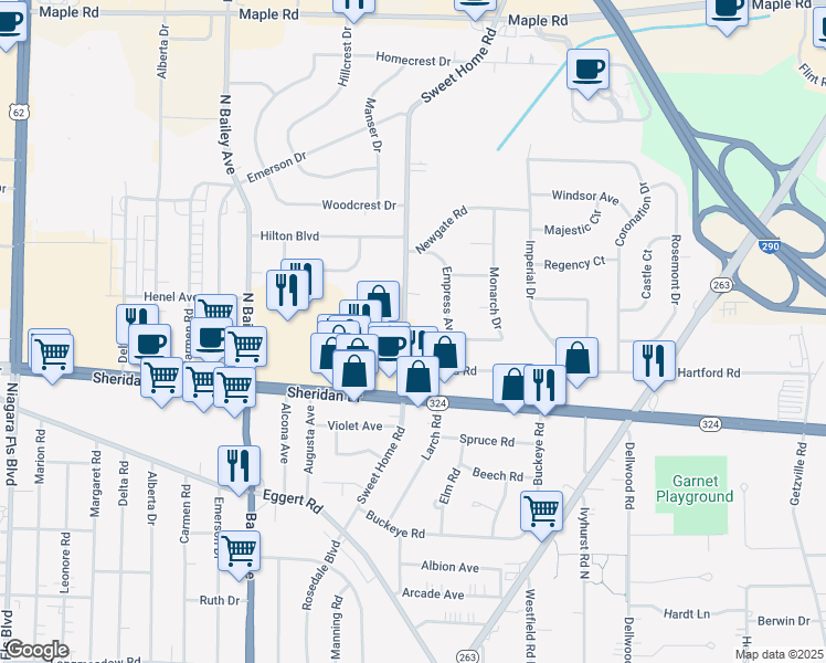 map of restaurants, bars, coffee shops, grocery stores, and more near 683 Sweet Home Road in Buffalo
