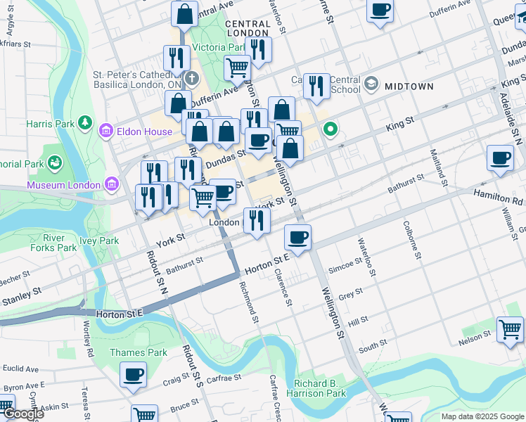 map of restaurants, bars, coffee shops, grocery stores, and more near 330 Clarence Street in London