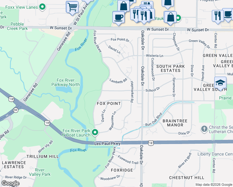 map of restaurants, bars, coffee shops, grocery stores, and more near 1254 School Drive in Waukesha