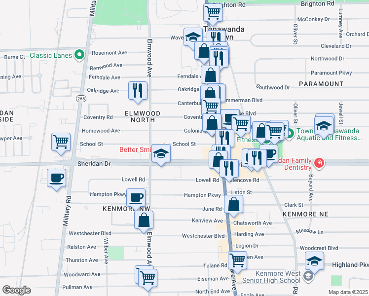 map of restaurants, bars, coffee shops, grocery stores, and more near 89 School Street in Buffalo
