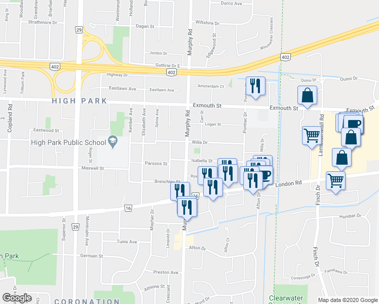 map of restaurants, bars, coffee shops, grocery stores, and more near 720 Murphy Road in Sarnia